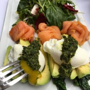 Gluten-free smoked salmon eggs Benedict from 208 Rodeo